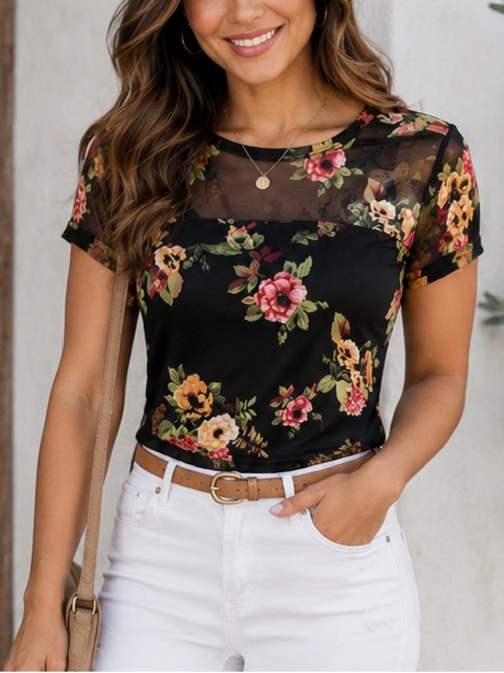 Love On Tap - Black Floral Mesh Yoke Top Size Large